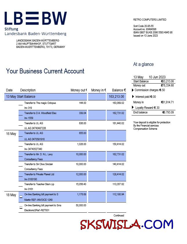 Wyciąg z rachunku przedsiębiorstwa Landesbank Baden-Württemberg, szablon Word i PDF